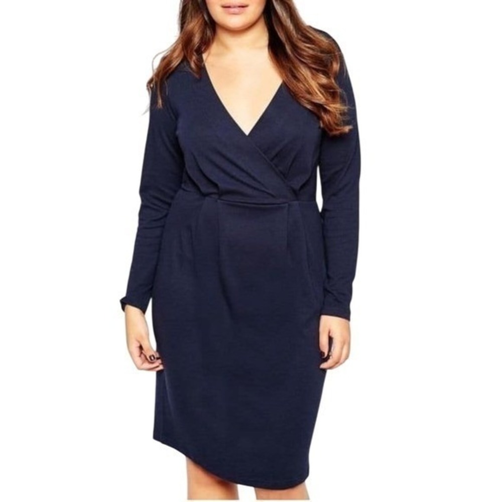 A3 Talbots Women's Navy Blue Long Sleeve V-Neck Wrap Dress‎ Size 14